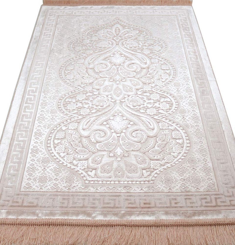 Modefa Luxury Velvet Prayer Rug with Prayer Beads | Soft Elegant Muslim Turkish Janamaz Sajada Carpet for Men and Women | Plain Solid Prayer Mat Ramadan Eid Gift - Paisley (Blush Pink) - Image 3